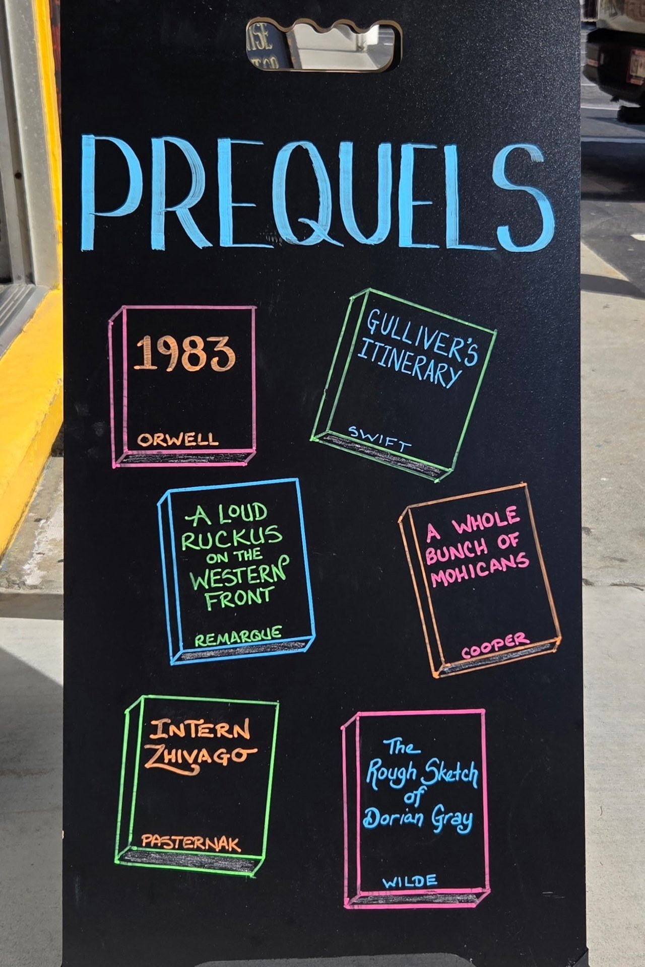 Chalkboard sign written by Crystal outside the shop