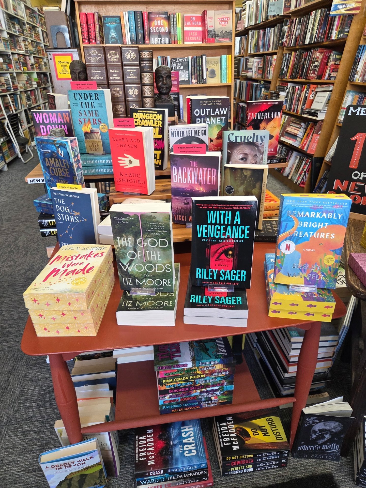 Stacks of new books waiting to be priced